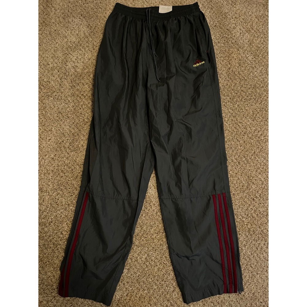 Vintage 90s Adidas Mens Track Pants Medium Dark Gray Burgundy 3-Stripe Ankle Zip